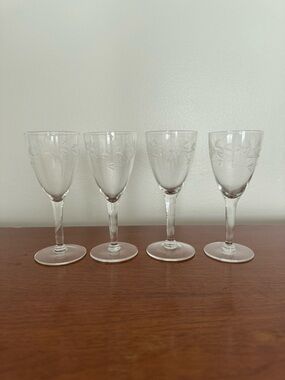 4 Vintage Flower Etched Crystal Glasses